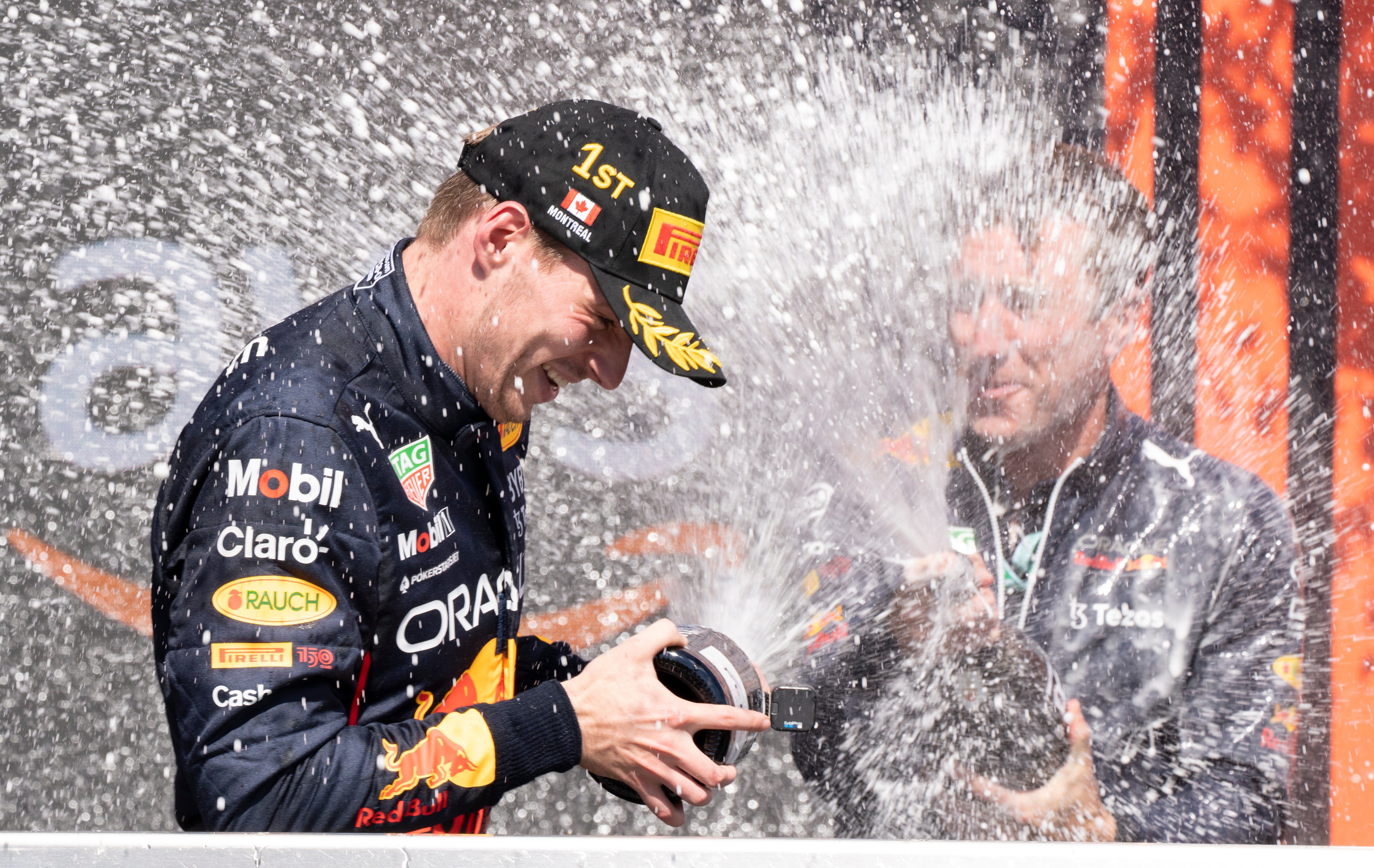 Max Verstappen celebrates victory at Sunday’s Canadian Grand Prix (Paul Chiasson/AP)