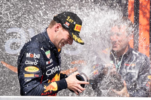 Max Verstappen celebrates victory at Sunday’s Canadian Grand Prix (Paul Chiasson/AP)