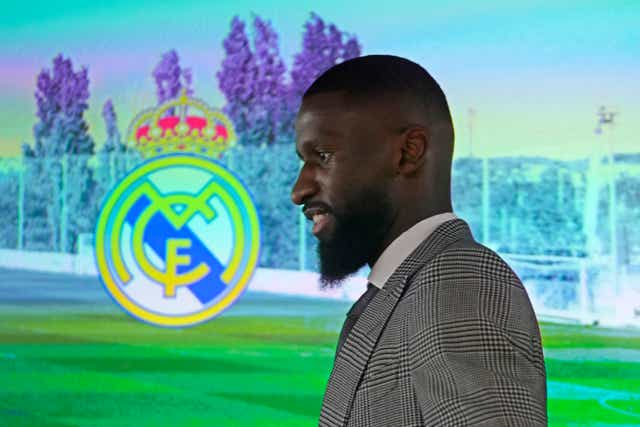 Antonio Rudiger arrives to give a press conference at Real Madrid’s training ground (Paul White/AP)