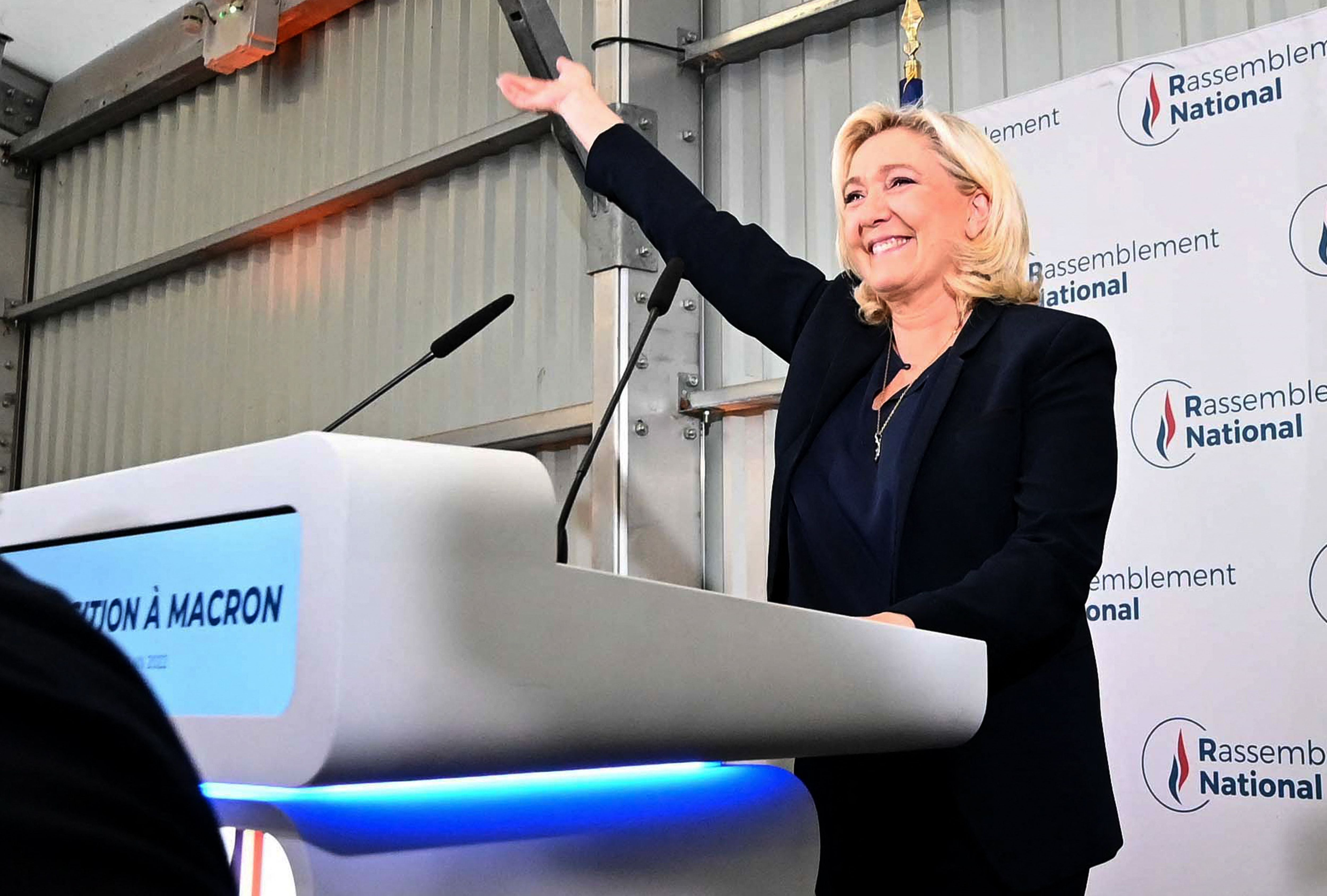 Rassemblement National (National Rally) leader Marine Le Pen celebrates Sunday’s parliamentary elections results in Henin-Beaumont, northern France