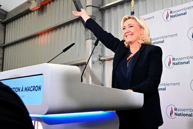 <p>Rassemblement National (National Rally) leader Marine Le Pen celebrates Sunday’s parliamentary elections results in Henin-Beaumont, northern France</p>