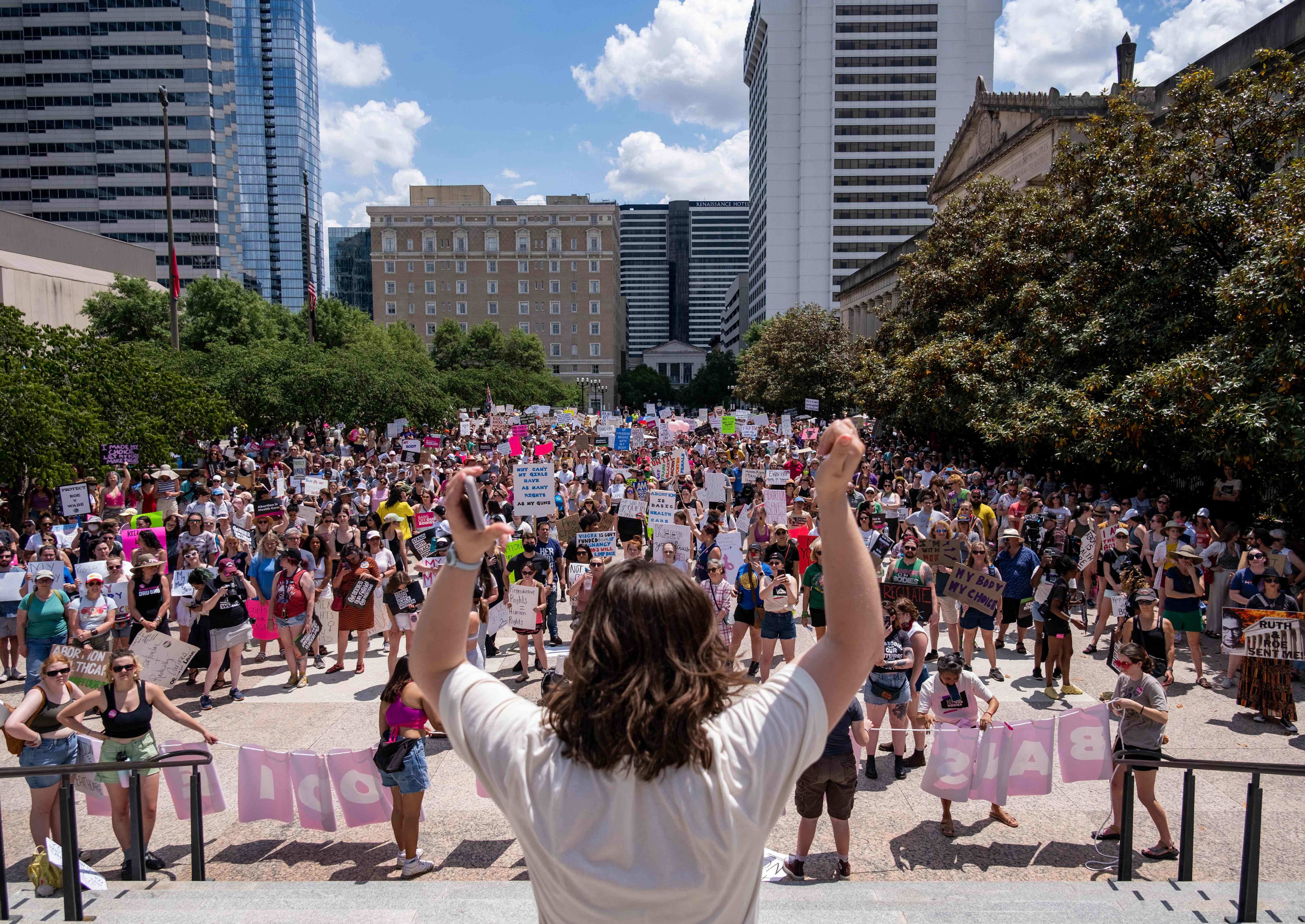 A member of the national Planned Parenthood Association speaks to hundreds gathered near the Tennessee State Capital building in Nashville on 14 May 2022