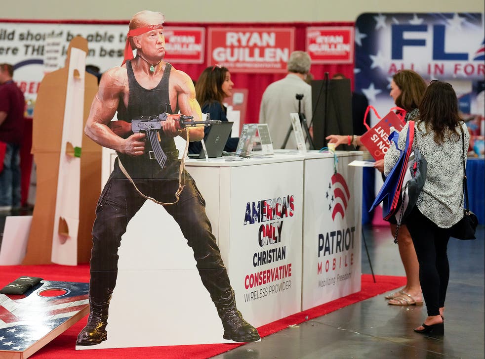 <p>A Donald Trump cutout stands at Patriot Mobile’s display at the Republican Party of Texas convention</p>