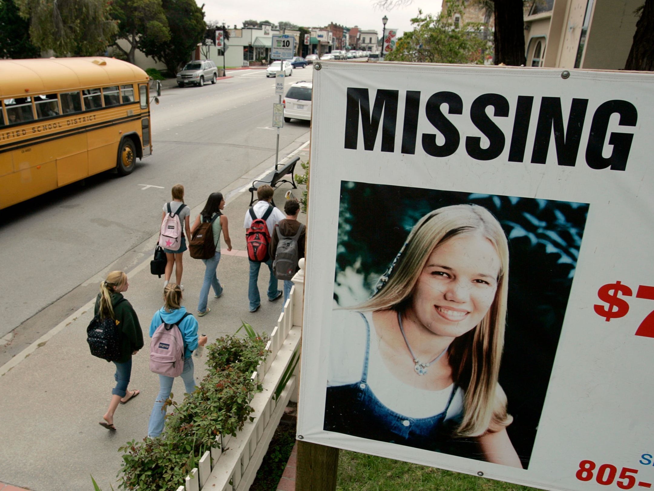 A sign raises public awareness in the case of missing student Kristin Smart in the California central coast town of Arroyo Grande in May 2006