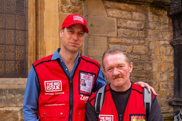 The Duke of Cambridge, left, selling the Big Issue in London with Big Issue vendor Dave Martin (Andy Parsons/Big Issue/PA)
