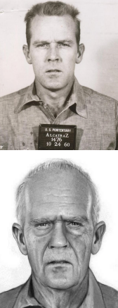 A mugshot and rendering of Clarence Anglin, part of a trio who escaped Alcatraz prison in 1962.