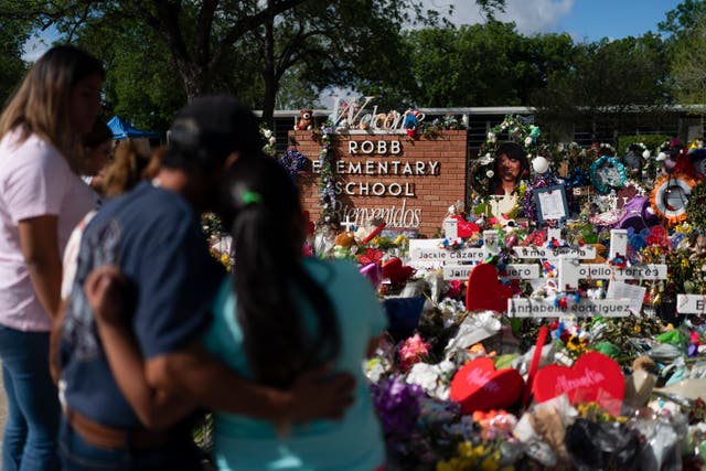 <p>A memorial outside Robb Elementary School in Uvalde, Texas  </p>