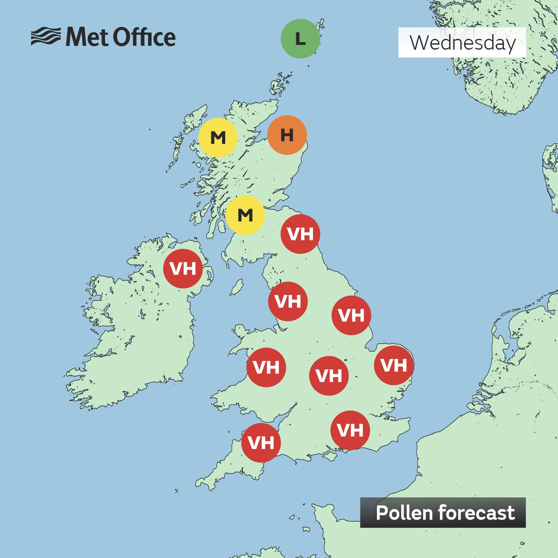 Pollen levels across the UK on Wednesday showing increased levels in Northern Ireland