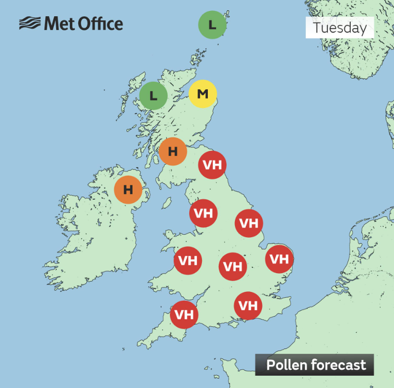 Pollen levels across the UK on Tuesday