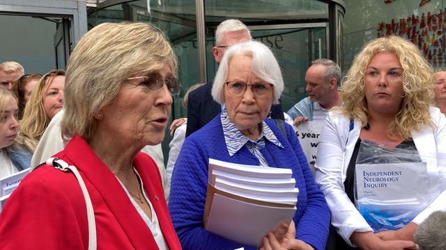 Former patients of Belfast neurologist Dr Michael Watt react following the publication of the report of the Independent Neurology Inquiry. Left to right, Therese Ward, Jean Garland and Danielle O’Neill. (Rebecca Black/PA)