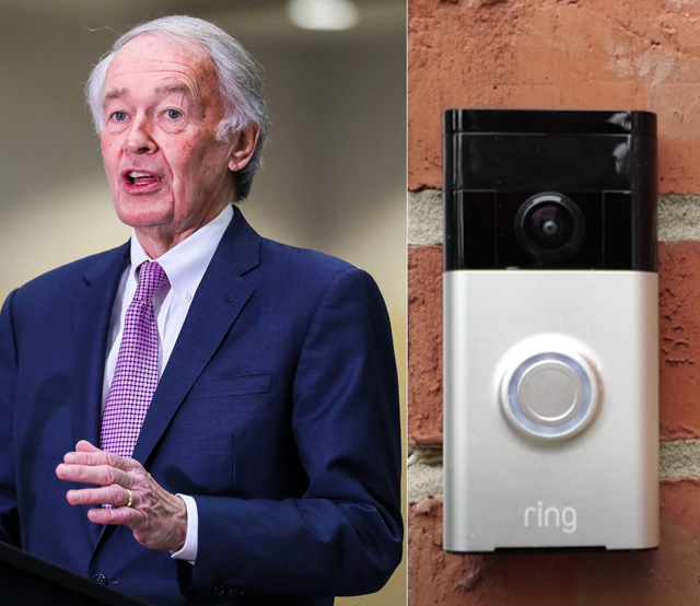 <p>Left: BOSTON, MASSACHUSETTS - MARCH 30: U.S. Sen. Ed Markey (D-MA) speaks to the press after visiting the Hynes Convention Center FEMA Mass Vaccination Site on March 30, 2021 in Boston, Massachusetts. CDC Director Dr. Rochelle Walensky recently said she had a sense of “impending doom” as the rate of coronavirus infection has recently been rising across the U.S. Right: Amazon Ring doorbell camera.</p>