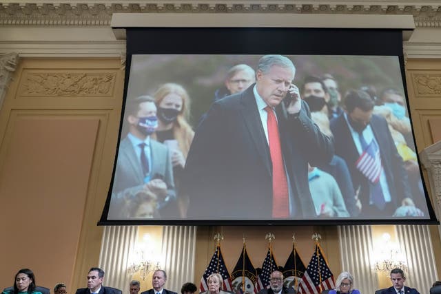 <p>Mark Meadows, former chief of staff to former U.S. President Donald Trump, is displayed on a screen during a hearing by the Select Committee to Investigate the January 6th Attack</p>