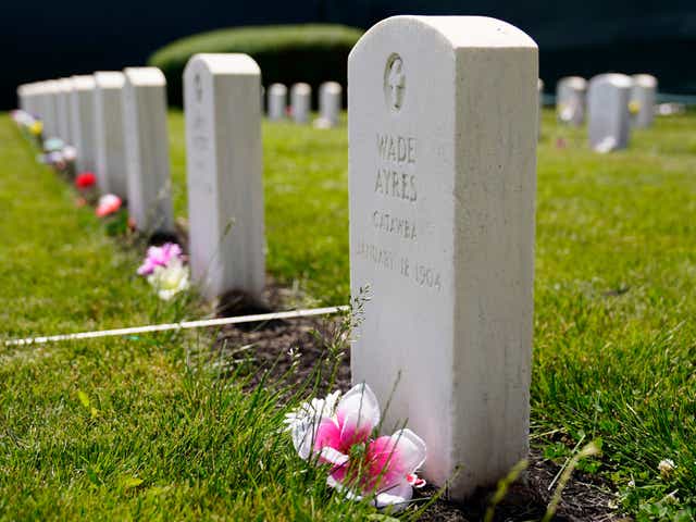 <p>A grave marked Wade Ayres is seen at the cemetery of the U.S. Army's Carlisle Barracks on June 10, 2022, in Carlisle, Pa. On Saturday, the Army exhumed the grave, thought to belong to Ayres of the Catawba Indian Nation of South Carolina, who died in 1904. The remains did not match those of a male aged 13 or 14, but instead were found to be consistent with a female aged 15 to 20, the Army said in a statement. (AP Photo/Matt Slocum)</p>
