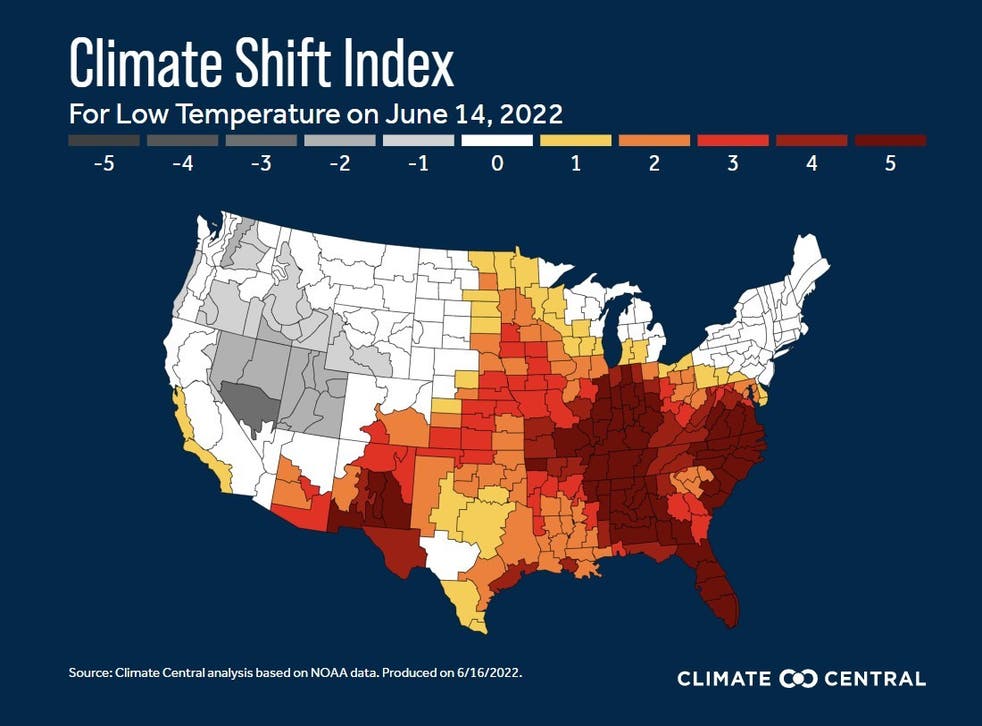 <p>The Climate Shift Index for overnight low temperatures on 14 June 2022. A value of 1 or more indicates that this temperature has become more likely due to the climate crisis, while a negative value means this temperature has become less likely </p>