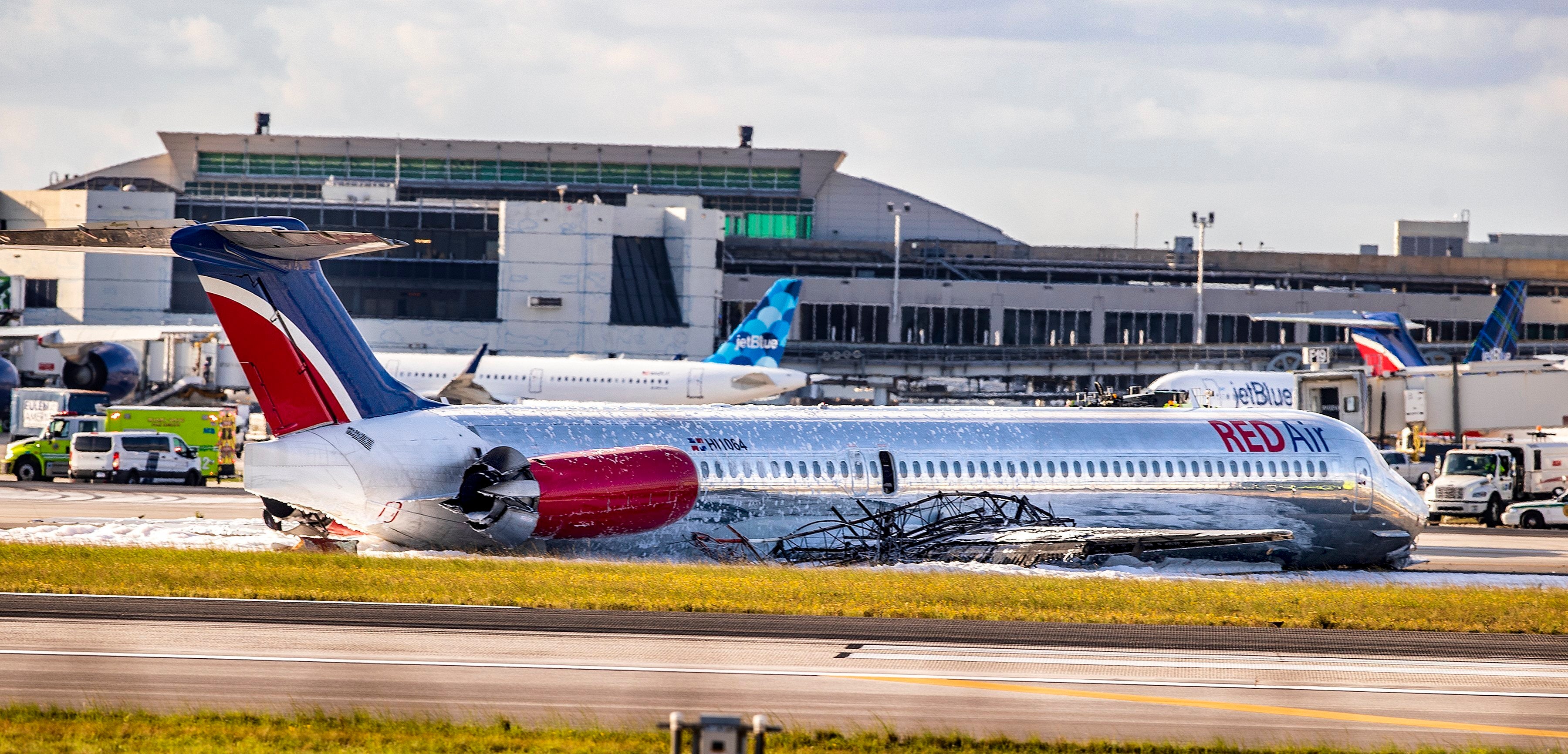 The Red Air plane that caught fire on Tuesday when its landing gear collapsed as it landed at Miami International Airport