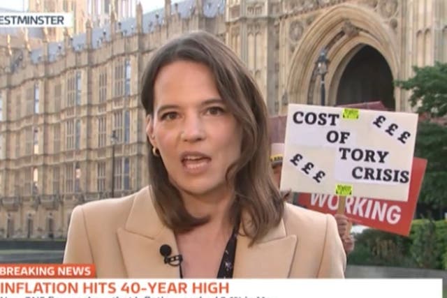 <p>Louisa James speaking in front of protesters on ‘Good Morning Britain'</p>