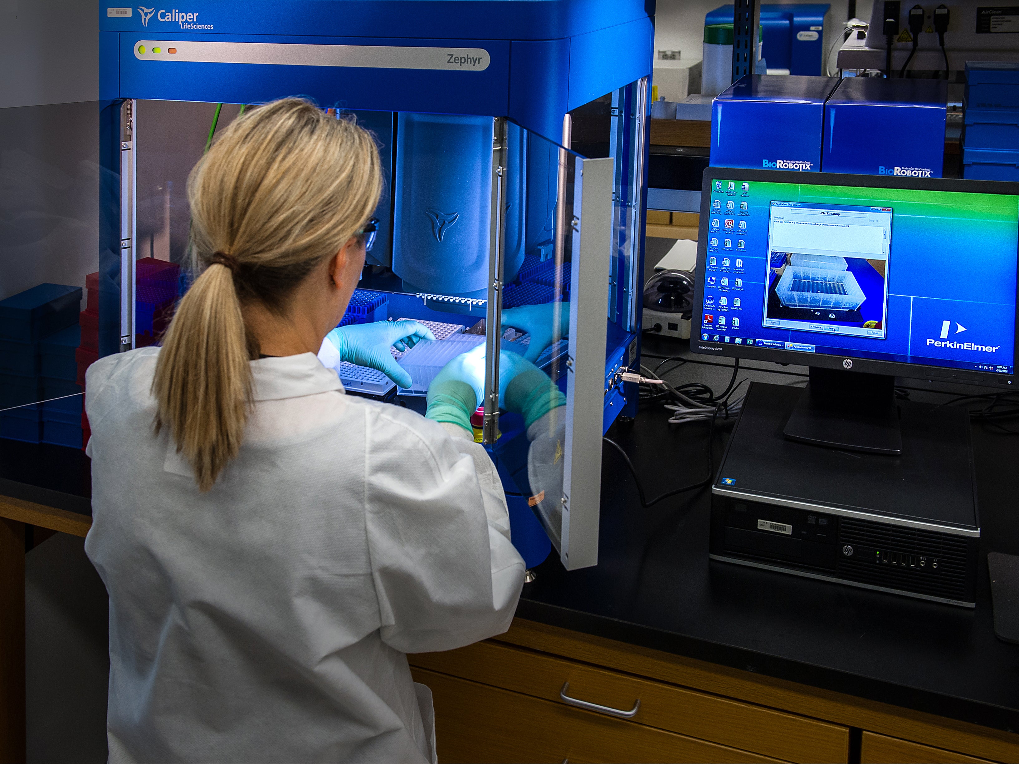 A scientist assesses a variety of different poliovirus samples using a PCR machine
