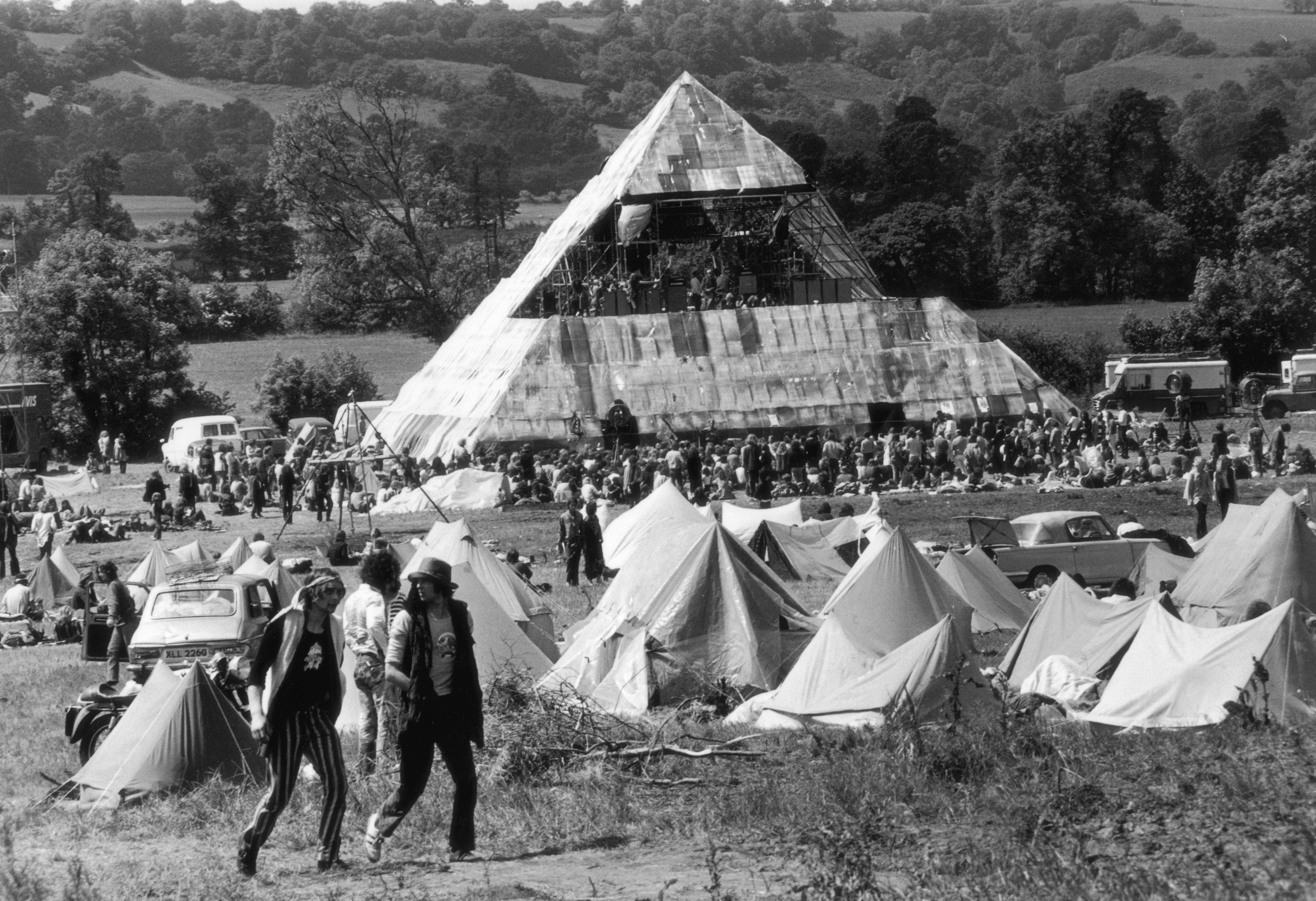 June 1971: Hippies at the second Glastonbury Festival, which saw the first use of a pyramid stage