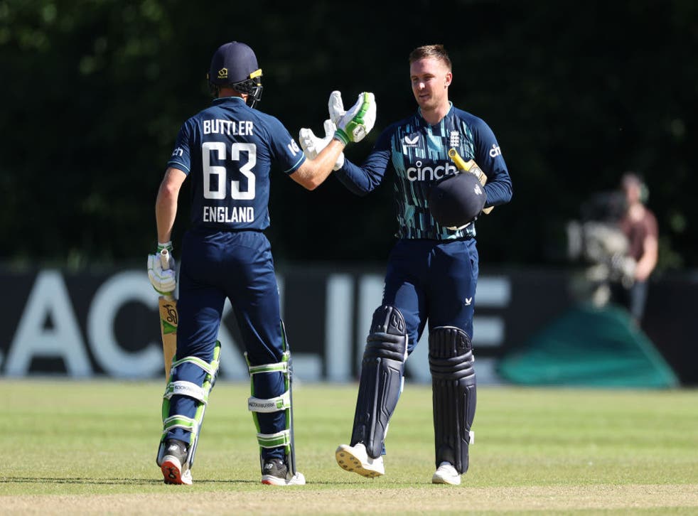 <p>Jason Roy is congratulated by Jos Buttler after reaching a century during the third ODI against Netherlands at VRA Cricket Ground in Amstelveen</p>