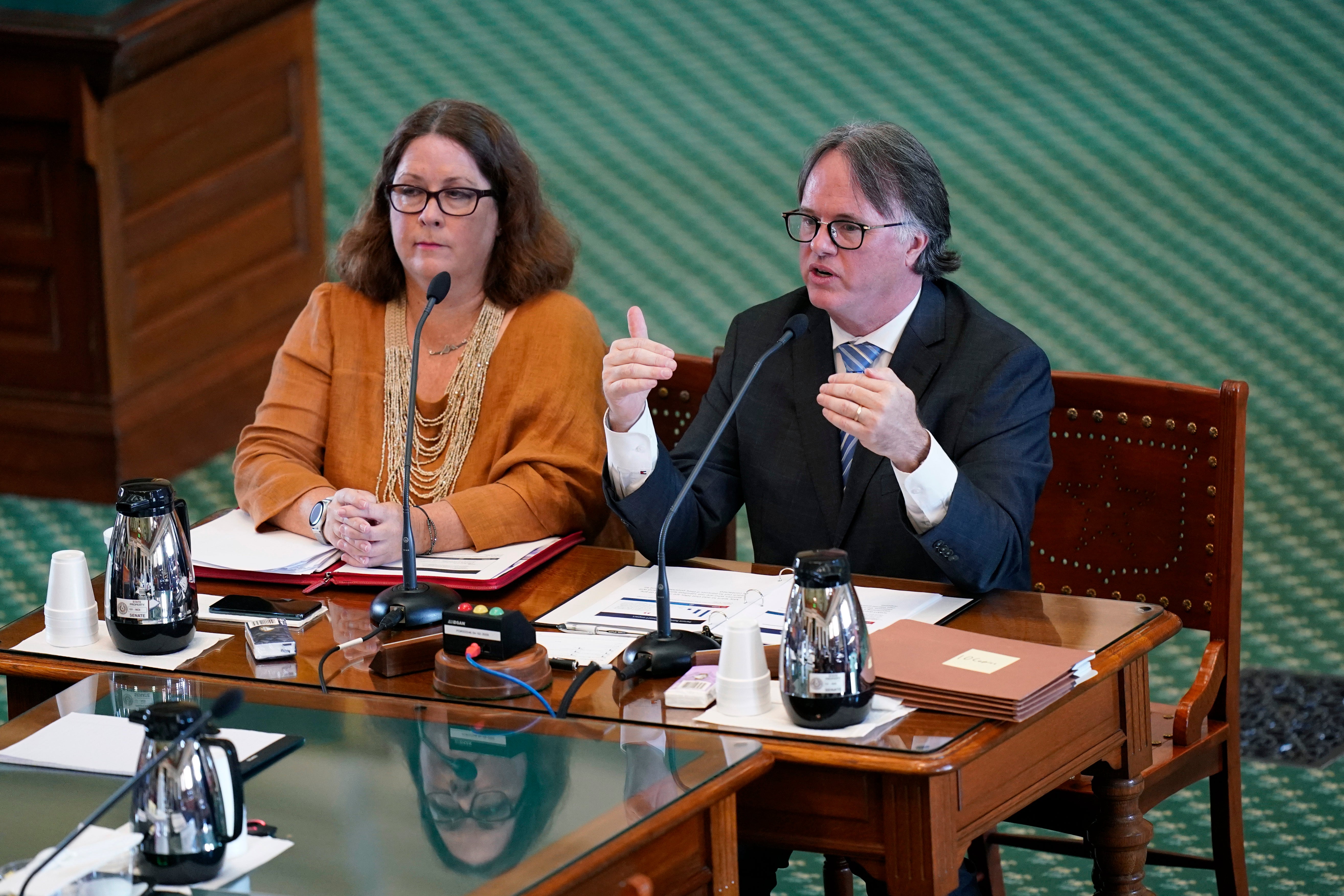 Dr David Lakey and Dr Laurel Williams testify during the second public hearing on Uvalde in the Texas Senate