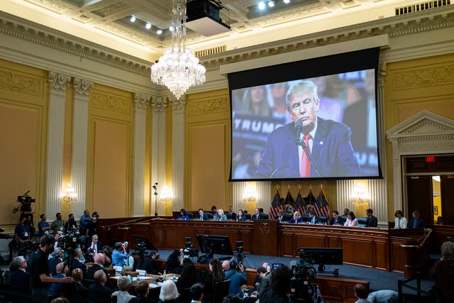 <p>Former President Donald Trump is displayed on a screen during the fourth hearing on the January 6th investigation</p>