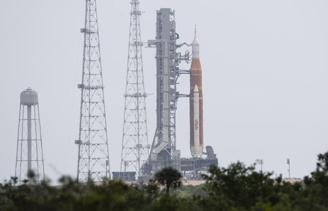 <p>Nasa’s Space Launch System Moon rocket at launch pad 39B at Kennedy Space Center for a wet dress rehearsal fueling test</p>