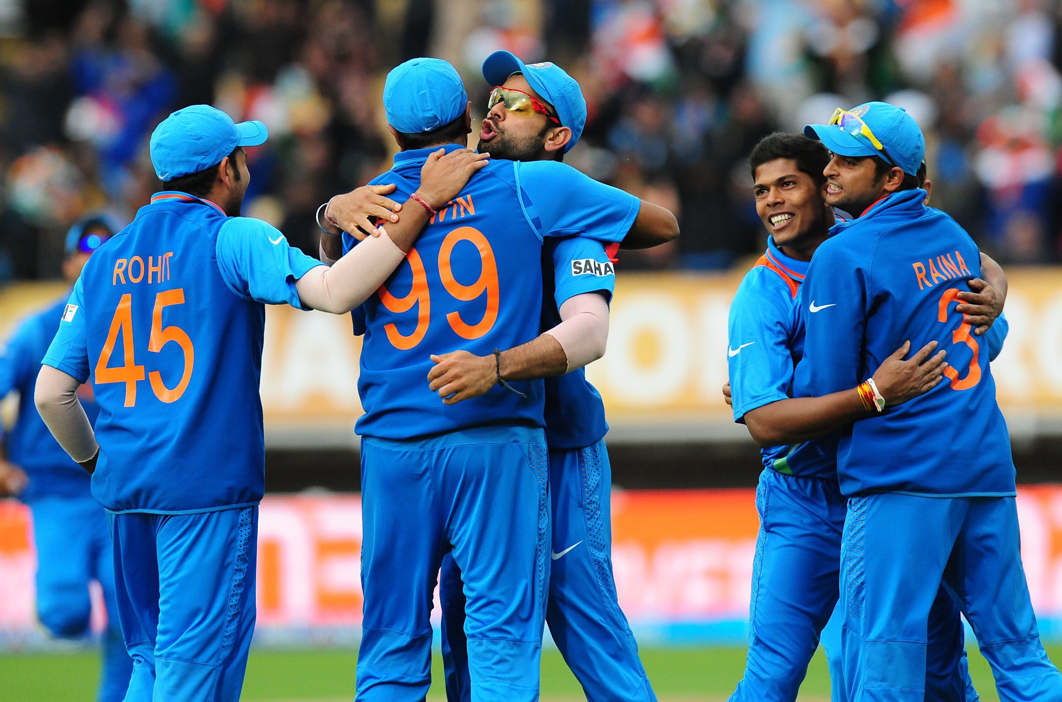 India players celebrate after forcing England to collapse in their run chase (Rui Vieira/PA)