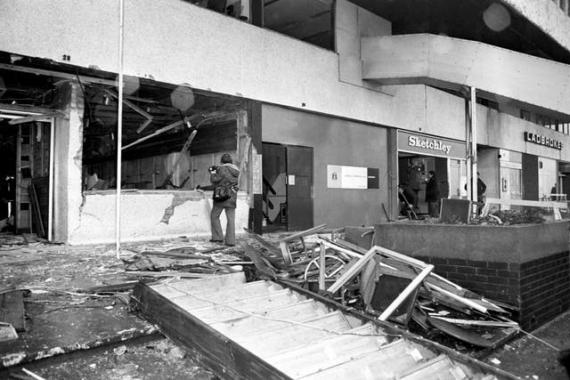 The bomb-blasted remains of the Mulberry Bush pub, at the foot of the Rotunda. (PA Media)