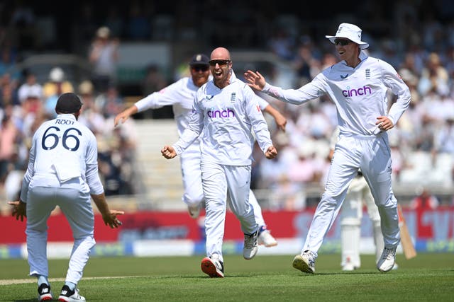 <p>Jack Leach celebrates taking the wicket of Will Young</p>
