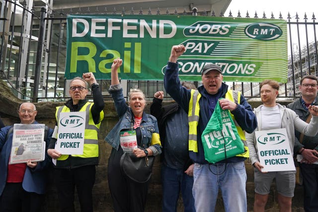 The picket line outside Edinburgh Waverley station, as train services continue to be disrupted following the nationwide strike by members of the Rail, Maritime and Transport union in a bitter dispute over pay, jobs and conditions (Andrew Milligan/PA)