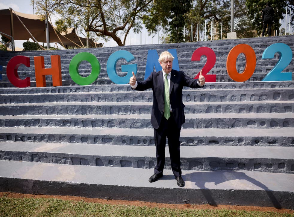 Johnson poses as he attends the Commonwealth Business Forum Exhibition in Kigali, Rwanda June 23, 2022