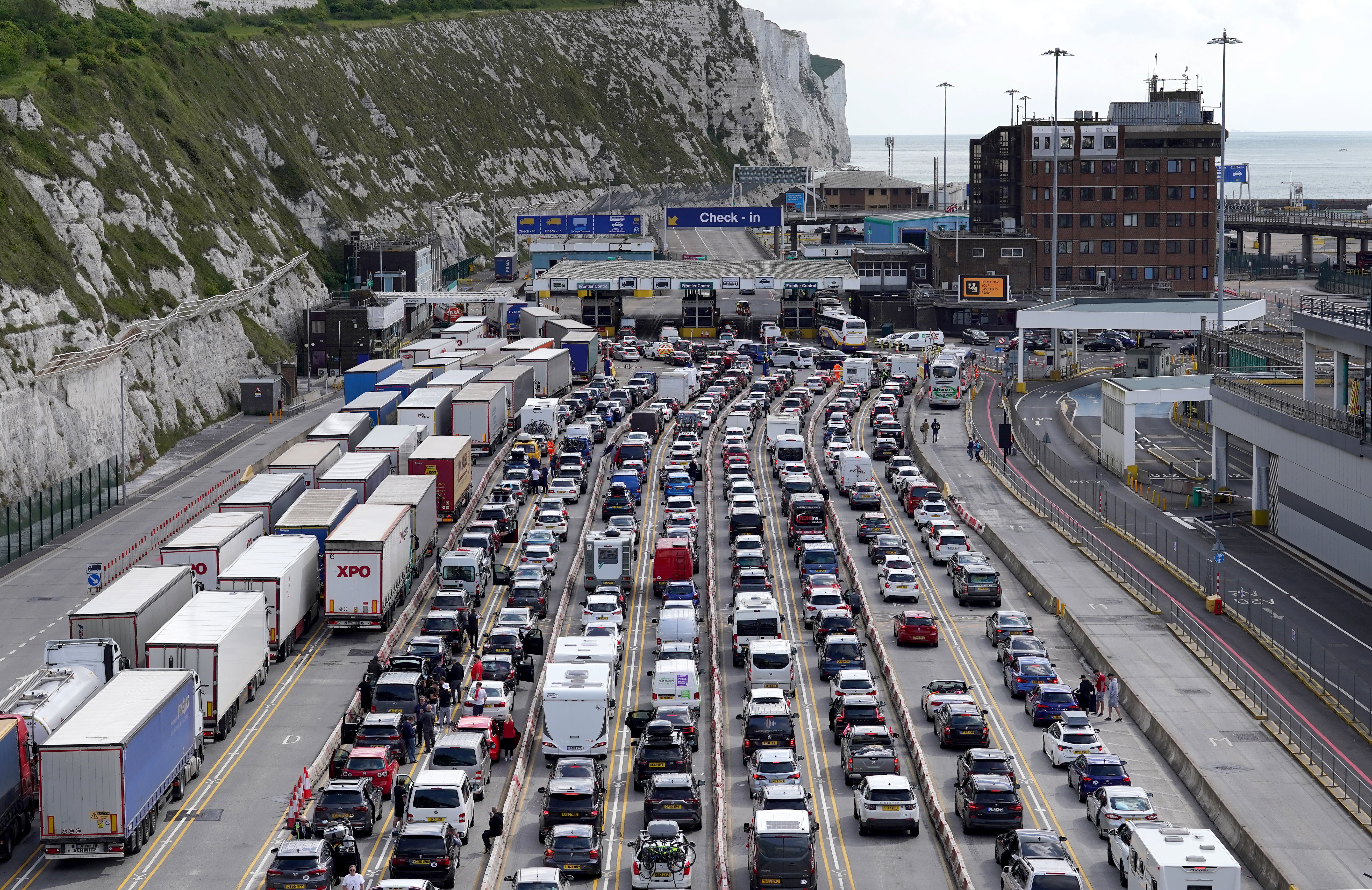 Freight and holiday traffic queues at the Port of Dover in Kent