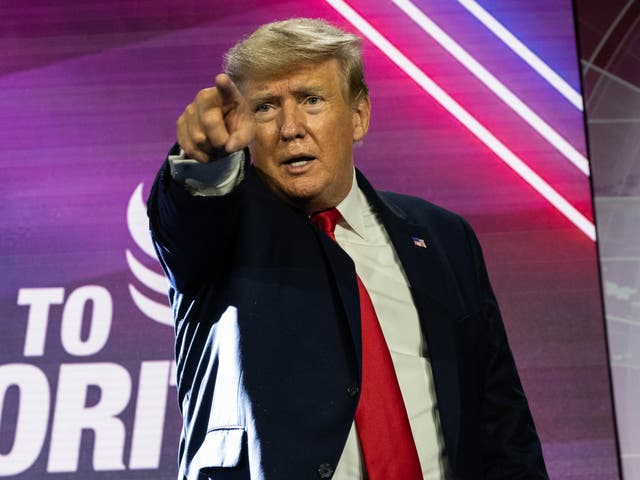 <p>Former U.S. President Donald Trump points to the crowd after giving the keynote address at the Faith & Freedom Coalition during their annual “Road To Majority Policy Conference” at the Gaylord Opryland Resort & Convention Center June 17, 2022 in Nashville, Tennessee</p>