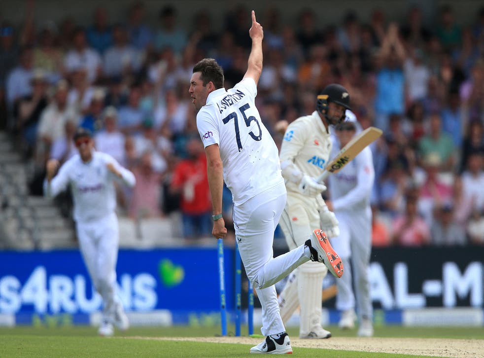 <p>Jamie Overton celebrates taking his first Test wicket</p>