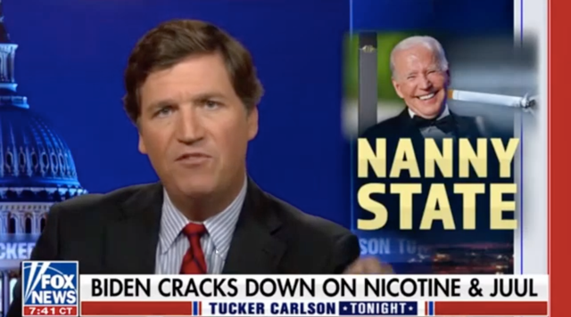 <p>Tucker Carlson alleges that the nicotine removal will make people more ‘passive’ and easier to control</p>