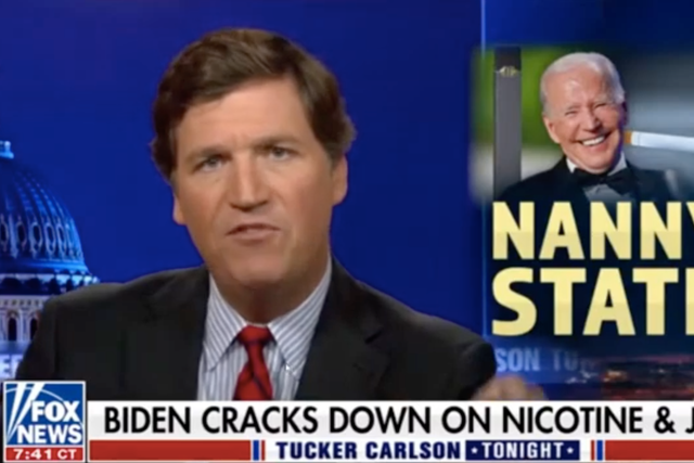 <p>Tucker Carlson alleges that the nicotine removal will make people more ‘passive’ and easier to control</p>