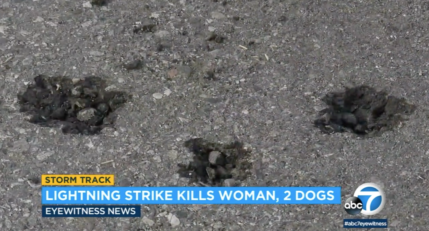 The lightning that struck Ms Mendoza and her two dogs cracked the asphalt, leaving behind holes in the ground where she and her pet dogs’ paws stood