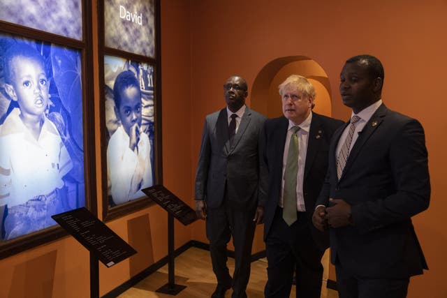 Prime Minister Boris Johnson visits the Kigali Genocide Memorial, in Kigali, Rwanda. Leaders of Commonwealth countries meet every two years for the Commonwealth Heads of Government Meeting (CHOGM), hosted by different member countries on a rotating basis. Since 1971, a total of 24 meetings have been held, with the most recent being in the UK in 2018. Picture date: Thursday June 23, 2022 (Dan Kitwood/PA)