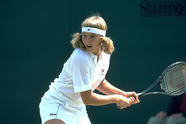 <p>Andrea Jaeger competes at Wimbledon in 1982</p>