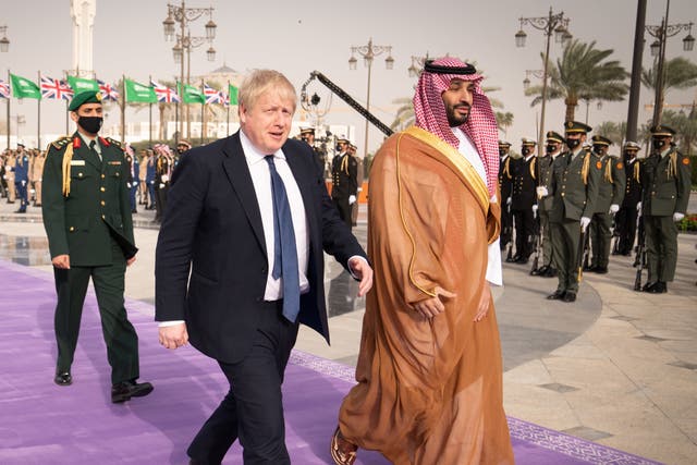 <p>Boris Johnson is welcomed by Mohammed bin Salman, crown prince of Saudi Arabia, as he arrived for talks on a £1.6bn trade deal between the UK and six Gulf nations in March</p>