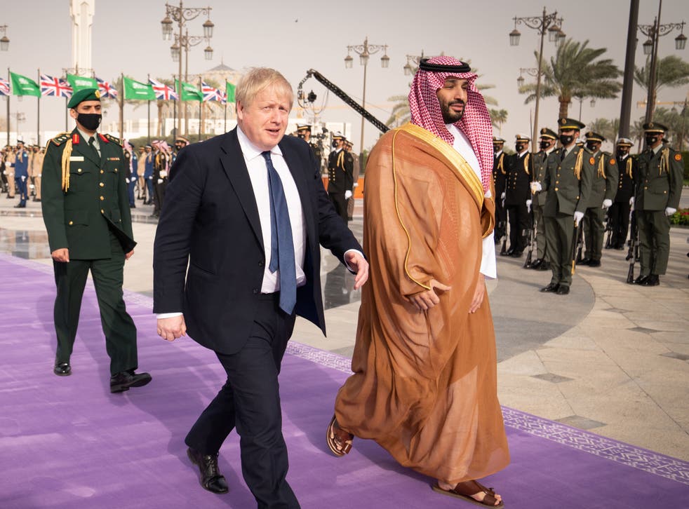 <p>Boris Johnson is welcomed by Mohammed bin Salman, crown prince of Saudi Arabia, as he arrived for talks on a £1.6bn trade deal between the UK and six Gulf nations in March</p>