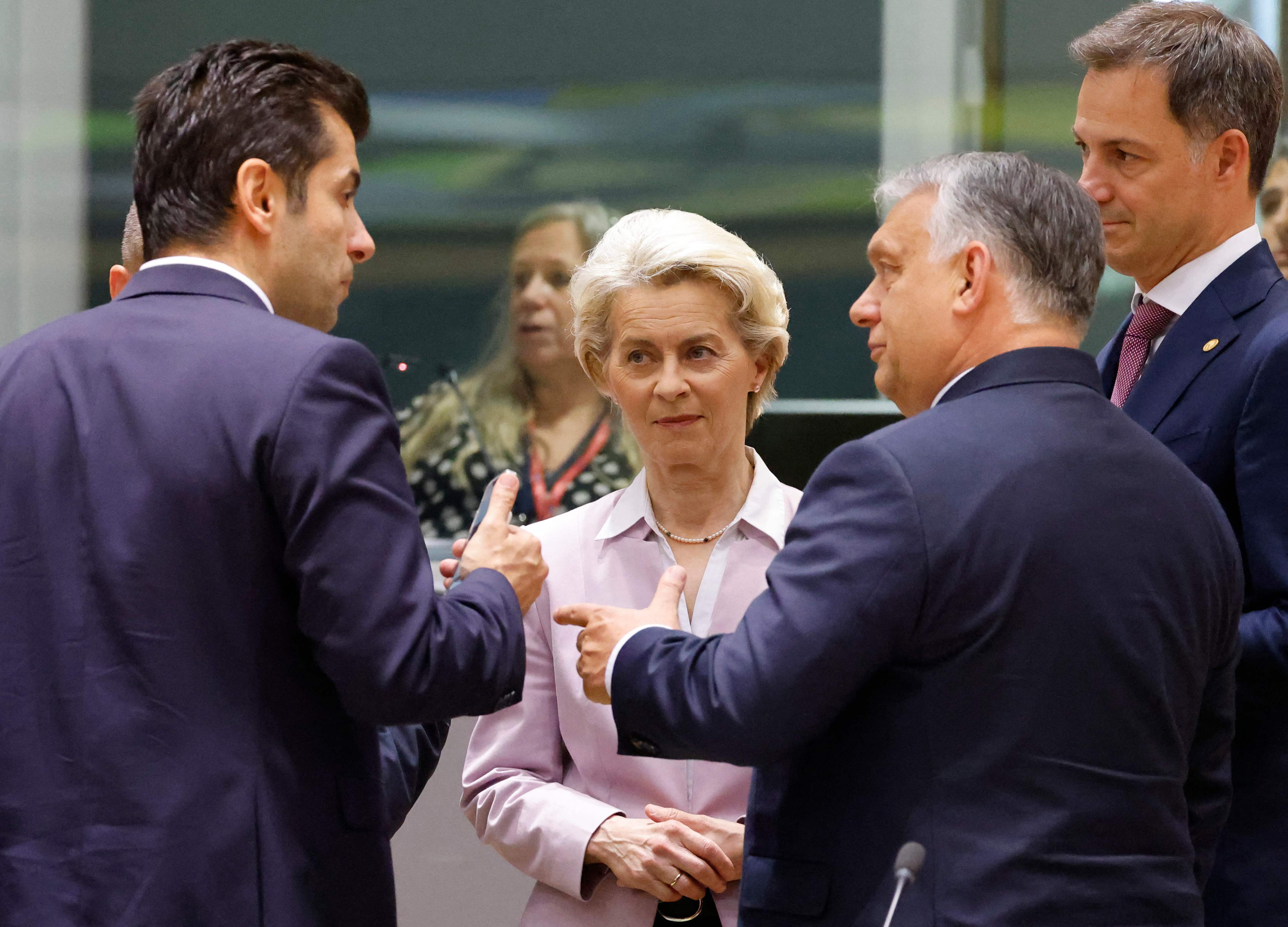 Bulgaria’s prime minister, Kiril Petkov, speaks with president of the European Commission Ursula von der Leyen, Hungary’s prime minister, Viktor Orban, and Slovakia’s prime minister, Eduard Heger, in Brussels