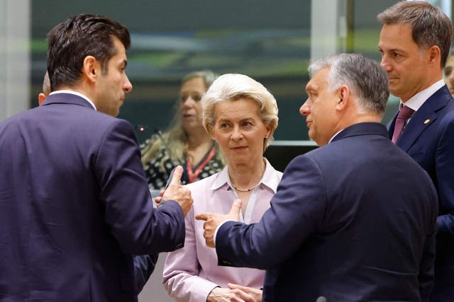 <p>Bulgaria’s prime minister, Kiril Petkov, speaks with president of the European Commission Ursula von der Leyen, Hungary’s prime minister, Viktor Orban, and Slovakia’s prime minister, Eduard Heger, in Brussels </p>