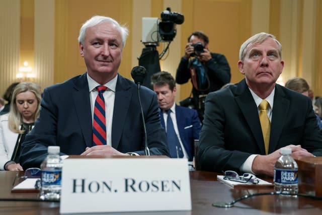 <p>Jeffrey Rosen (L), former Acting Attorney General, and Richard Donoghue, former Acting Deputy Attorney General, arrive to testify before the House Select Committee to investigate the 6 January attack </p>