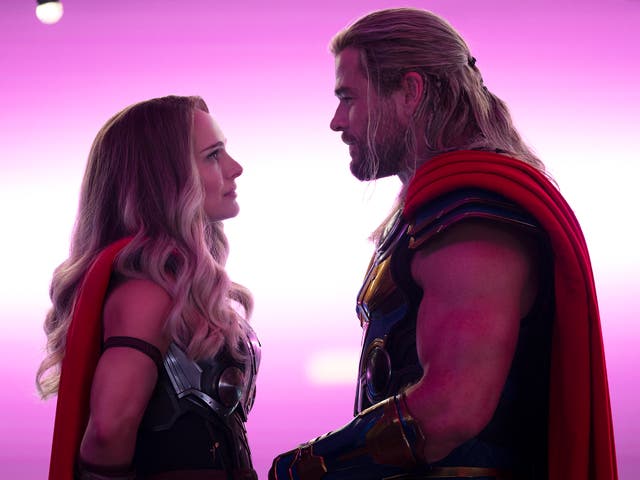 <p>Natalie Portman and Chris Hemsworth in ‘Thor: Love and Thunder’ </p>