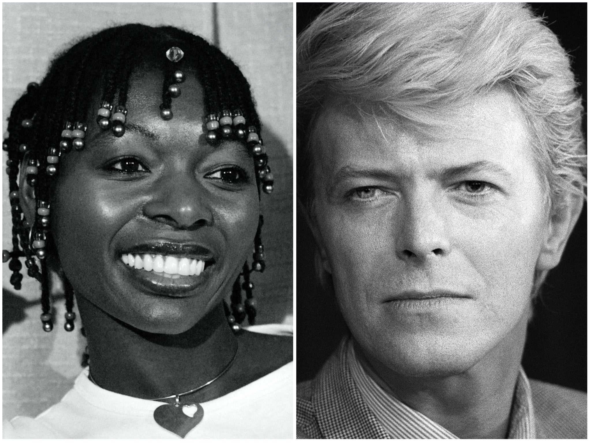 Floella Benjamin in 1977, and David Bowie in 1983