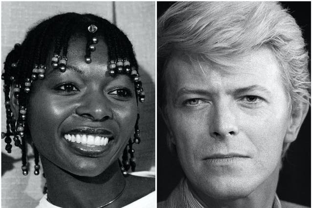 <p>Floella Benjamin in 1977, and David Bowie in 1983</p>