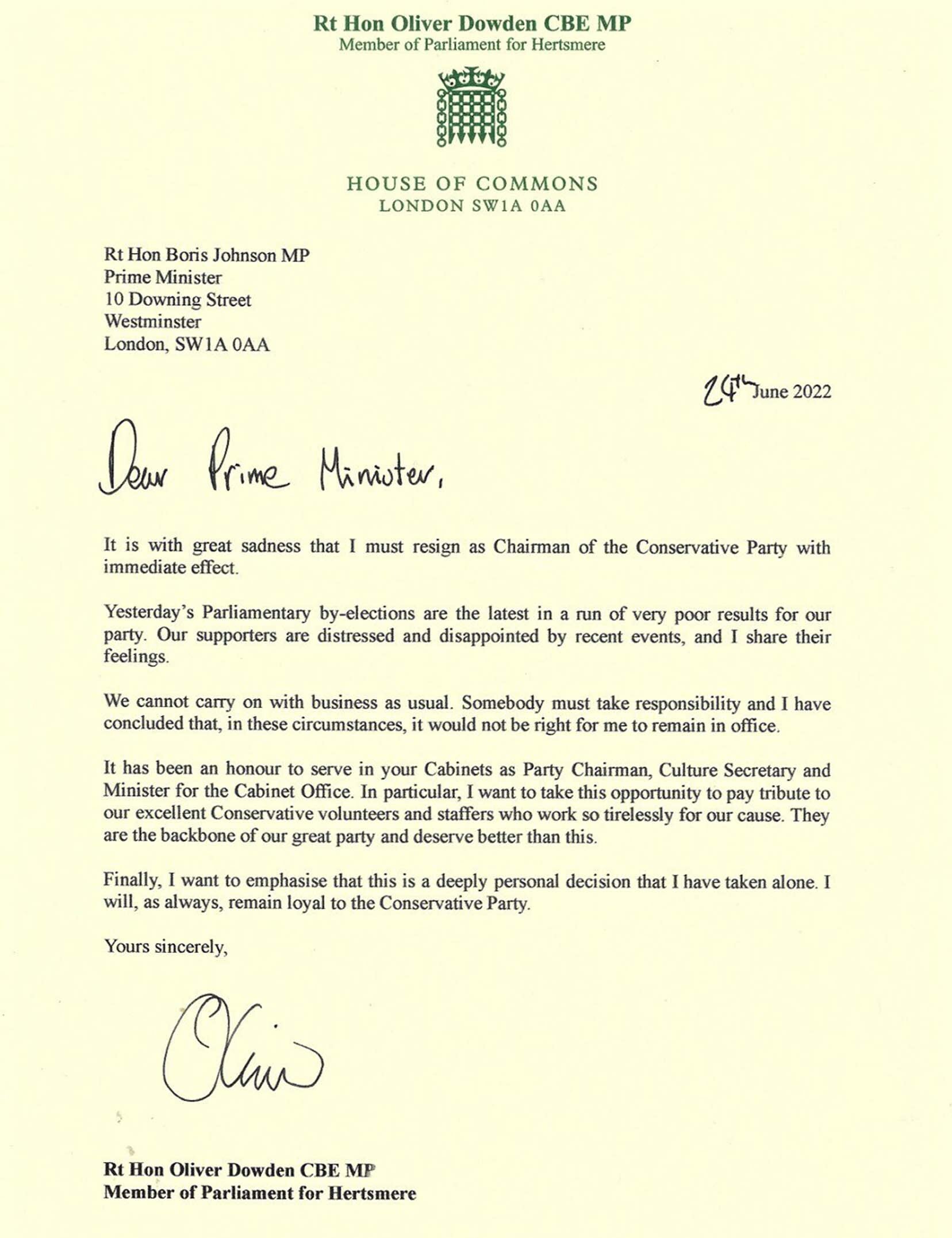 The letter sent by Oliver Dowden to Boris Johnson (Oliver Dowden/PA)