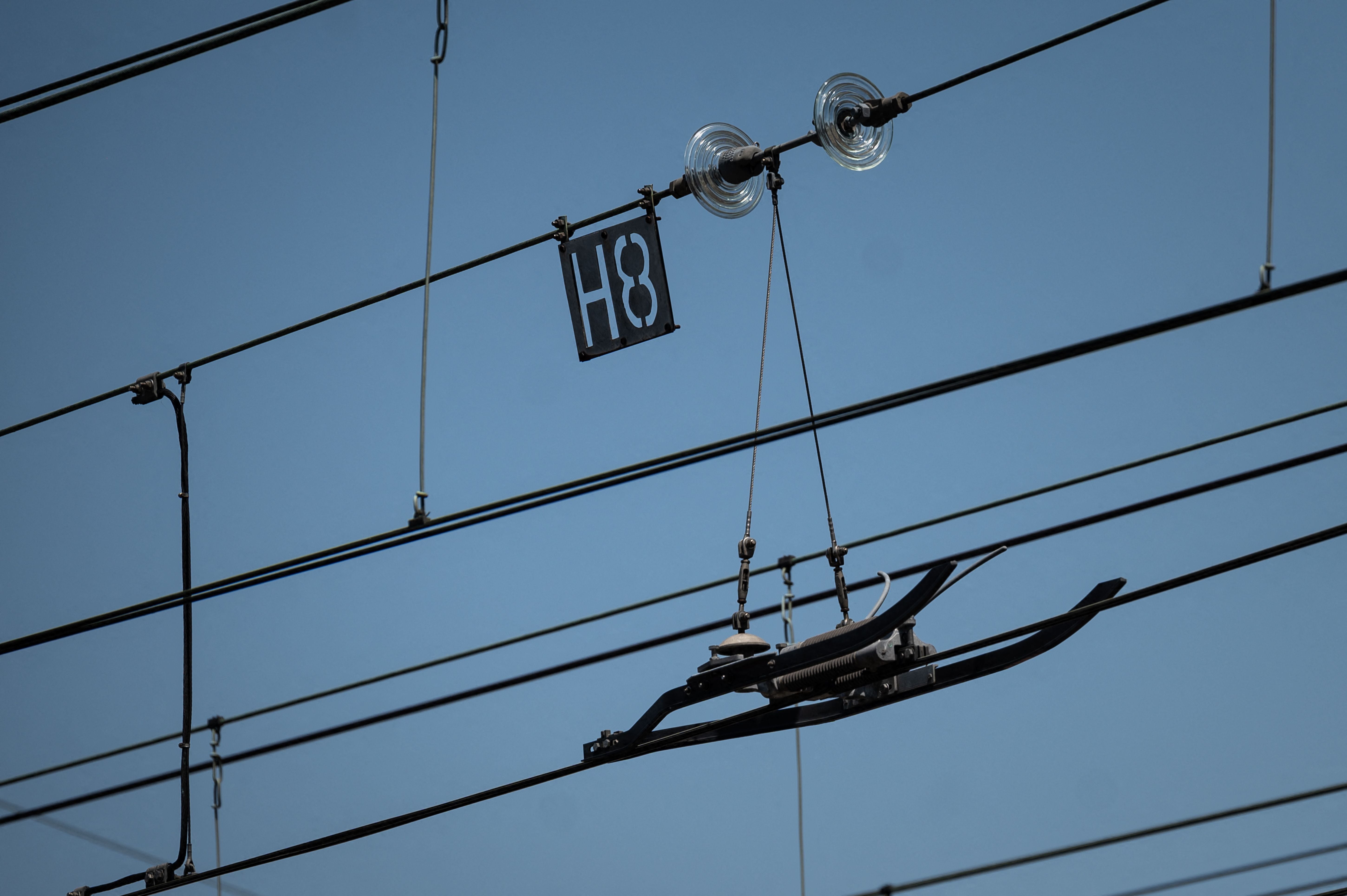 Railway power lines outside the railway station in Bordeaux, southwestern France