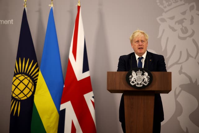 <p>Boris Johnson speaks at a press conference in the Rwandan capital Kigali on Friday </p>
